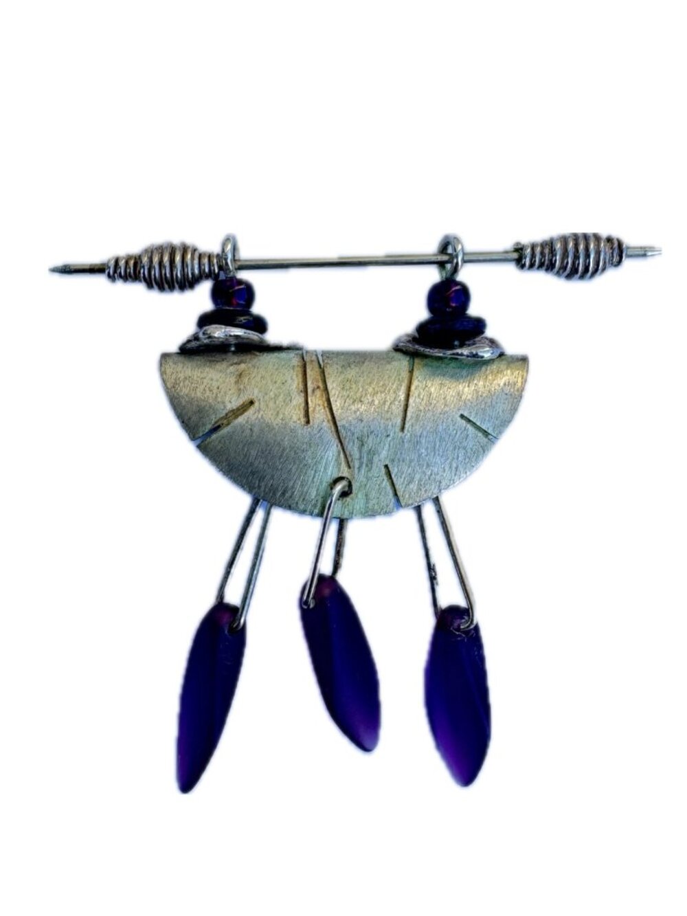 Artsy Metal Pin Native American Tribal Vibe Silvertone with purple stone drops